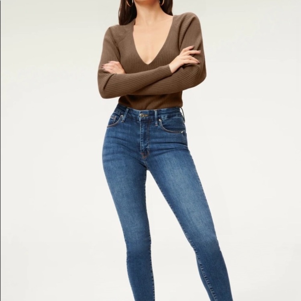Good American Brown Ribbed V-Neck Long Sleeve Bodysuit